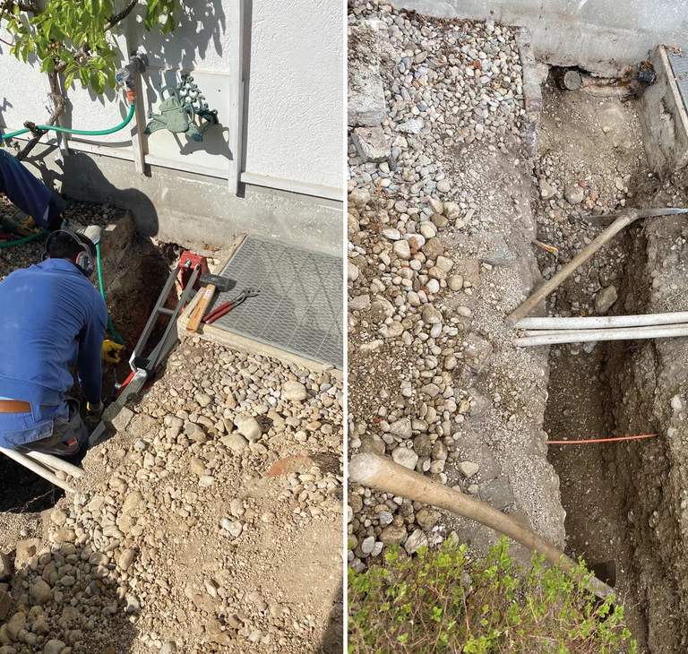 Collage Installation Hauseinführung für Wärmepumpe