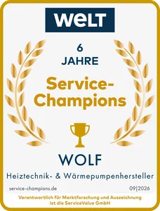 Gold-Siegel Service Champions 2026: WOLF belegt zum sechsten Mal in Folge Platz 1 unter Heiztechnik- und Wärmepumpenherstellern.