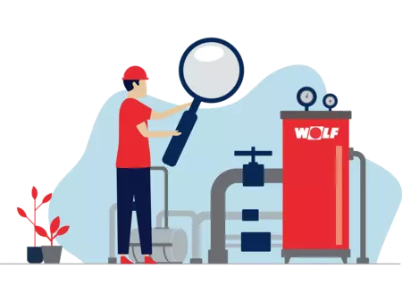 Darstellung einer Grafik wo ein Handwerker mit einer Lupe den Fehler an der Maschine sucht 