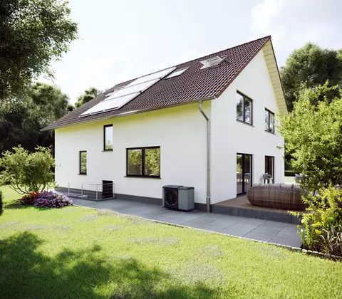 Darstellung eines Einfamilienhaus mit einem WOLF Röhrenkollektor CRK-12 auf dem Dach 