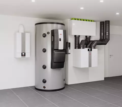 Darstellung eines WOLF Schichtenspeichers im Keller