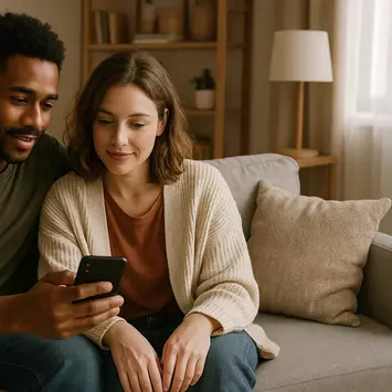 Paar sitzt auf Couch mit Handy