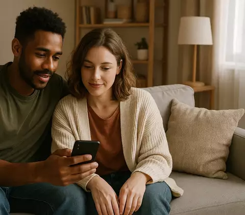 Paar sitzt auf Couch mit Handy