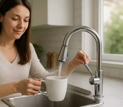 Eine Frau füllt heißes Wasser aus dem Hahn in eine Tasse