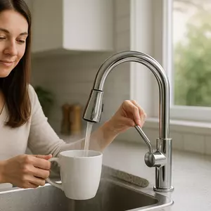 Eine Frau füllt heißes Wasser aus dem Hahn in eine Tasse