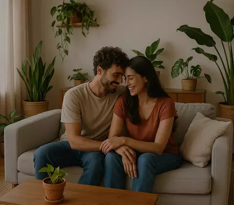 Pärchen im Wohnzimmer inmitten von Zimmerpflanzen