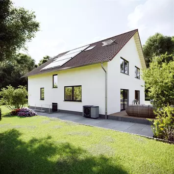 Darstellung einer Wärmepumpe die sich im Garten eines Hauses befindet 